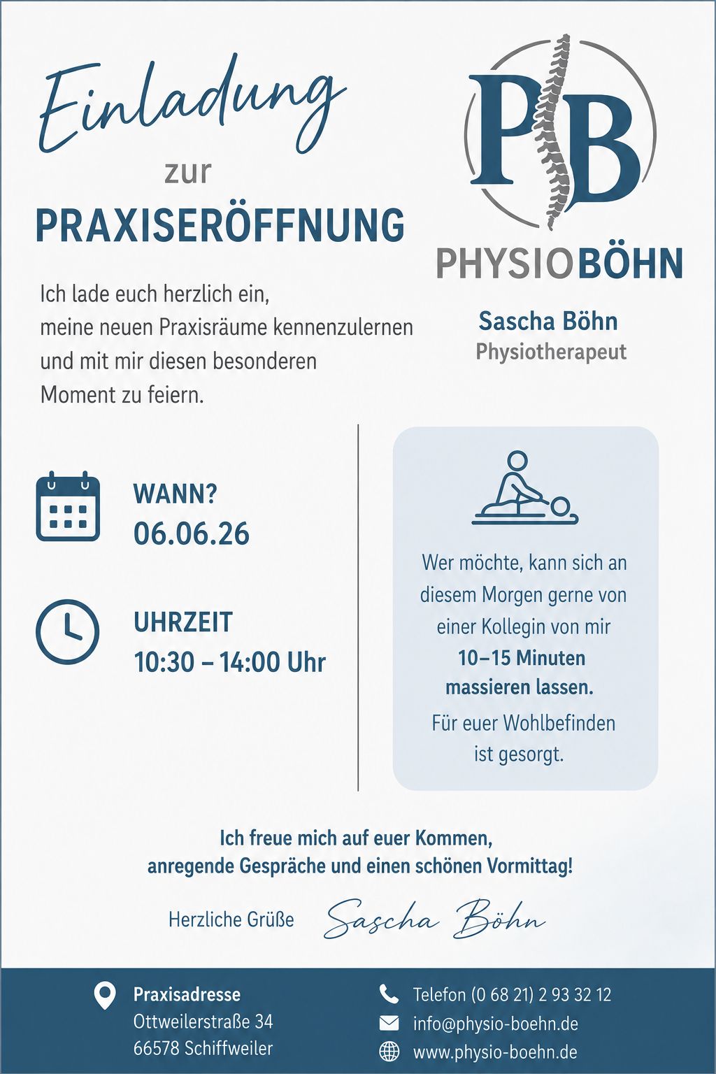 Eine Grafik mit einer Einladung zur Praxiseröffnung am 6.6.2026, von 10:30 Uhr bis 14 Uhr in der Ottweilerstraße 34, 66578 Schiffweiler